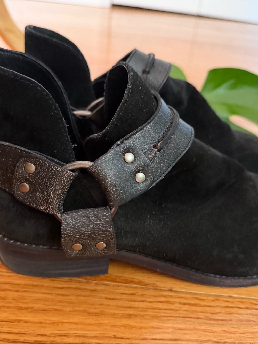 Free People Black Suede Ankle Booties with Harness Detail